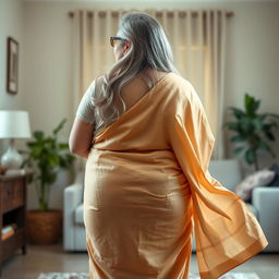 A full-body portrait from behind of a beautiful plus-size 55-year-old Indian housewife, highlighting her full-figured, pear-shaped silhouette