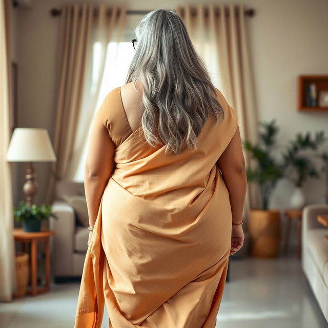 A full-body portrait from behind of a beautiful plus-size 55-year-old Indian housewife, highlighting her full-figured, pear-shaped silhouette