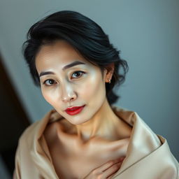 A sensual-looking 45-year-old woman with pale skin and black hair, featuring a natural face without makeup, embodying Japanese appearance