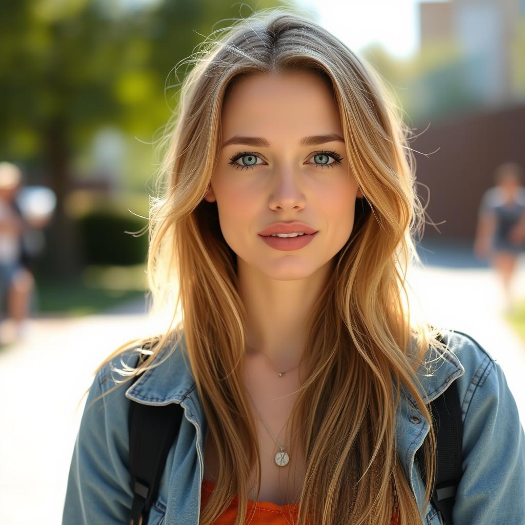 A 35-year-old woman with fair skin and long hair, dressed in casual outdoor clothing