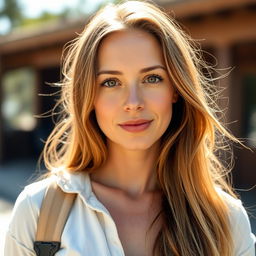 A 35-year-old woman with fair skin and long hair, dressed in casual outdoor clothing