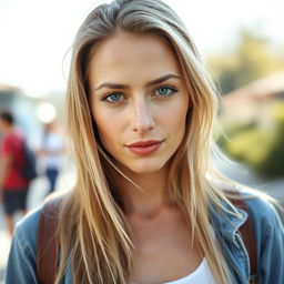A 35-year-old woman with fair skin and long hair, dressed in casual outdoor clothing