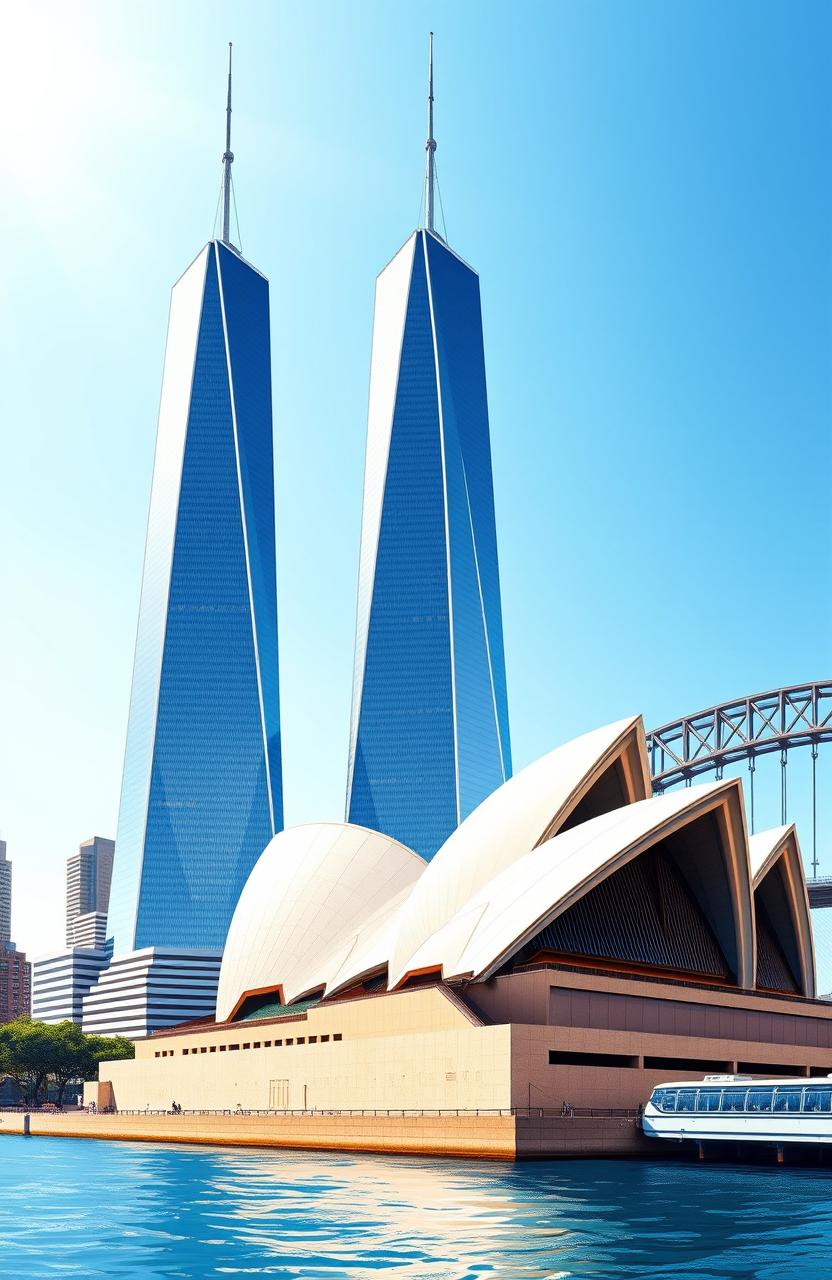 A detailed architectural illustration contrasting the One World Trade Center and the Sydney Opera House