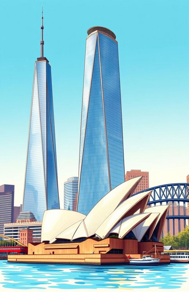 A detailed architectural illustration contrasting the One World Trade Center and the Sydney Opera House