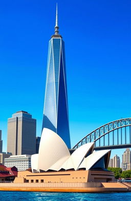 A detailed architectural illustration contrasting the One World Trade Center and the Sydney Opera House