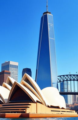 A detailed architectural illustration contrasting the One World Trade Center and the Sydney Opera House