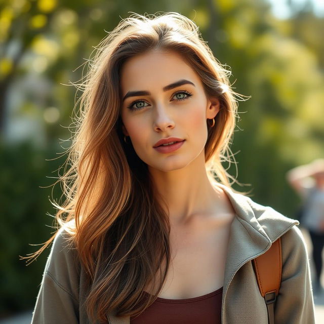 A 35-year-old woman with fair skin and long hair, dressed in stylish outdoor clothing