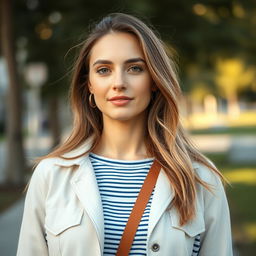 A 35-year-old woman with fair skin and long hair, dressed in stylish outdoor clothing