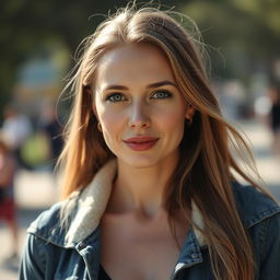 A 35-year-old woman with fair skin and long hair, dressed in stylish outdoor clothing
