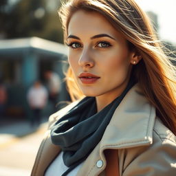 A 35-year-old woman with fair skin and long hair, dressed in stylish outdoor clothing