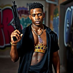 A young black man in his 20s, confidently holding a firearm in one hand and adorned with a crown embedded in his chest
