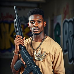 A young black man in his 20s, confidently holding a firearm in one hand and adorned with a crown embedded in his chest