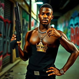 A young black man in his 20s, confidently holding a firearm in one hand and adorned with a crown embedded in his chest