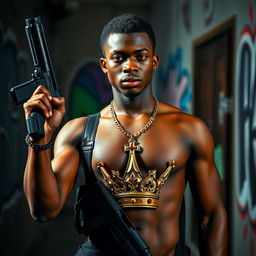 A young black man in his 20s, confidently holding a firearm in one hand and adorned with a crown embedded in his chest