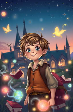 A whimsical and colorful scene depicting a young school boy surrounded by magical elements, such as floating books, glowing orbs of light, and ethereal wisps of energy