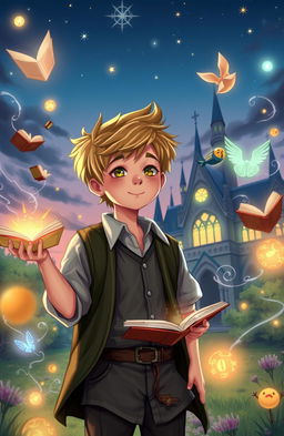 A whimsical and colorful scene depicting a young school boy surrounded by magical elements, such as floating books, glowing orbs of light, and ethereal wisps of energy