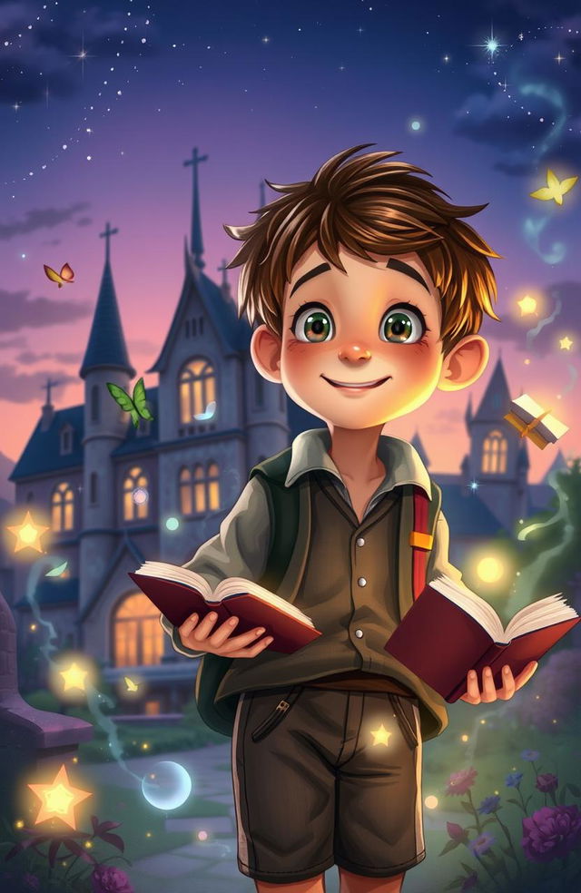 A whimsical and colorful scene depicting a young school boy surrounded by magical elements, such as floating books, glowing orbs of light, and ethereal wisps of energy