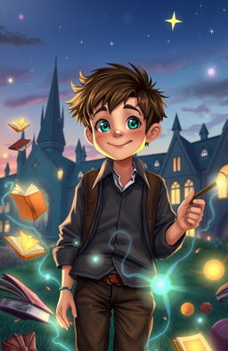 A whimsical and colorful scene depicting a young school boy surrounded by magical elements, such as floating books, glowing orbs of light, and ethereal wisps of energy