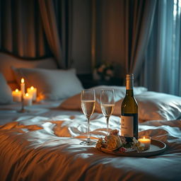 A sensual and intimate scene featuring an elegant bedroom ambiance, softly illuminated by warm candlelight