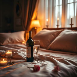 A sensual and intimate scene featuring an elegant bedroom ambiance, softly illuminated by warm candlelight