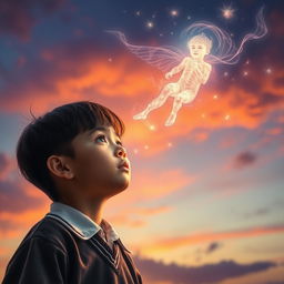 A dramatic and emotional scene showcasing a young school boy in the foreground, tears streaming down his face as he looks up at a mesmerizing apparition of a soul in the sky
