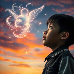 A dramatic and emotional scene showcasing a young school boy in the foreground, tears streaming down his face as he looks up at a mesmerizing apparition of a soul in the sky