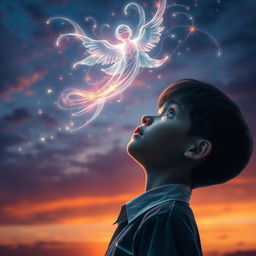 A dramatic and emotional scene showcasing a young school boy in the foreground, tears streaming down his face as he looks up at a mesmerizing apparition of a soul in the sky