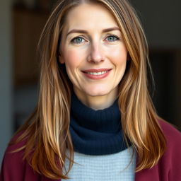 A full-length photograph of a woman aged between 30 to 45 years with a natural appearance, featuring minimal makeup and well-groomed hair