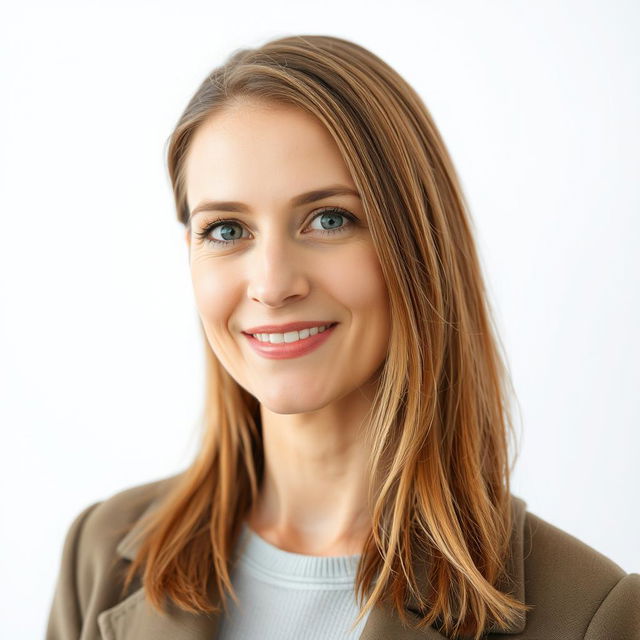 A full-length photograph of a woman aged between 30 to 45 years with a natural appearance, featuring minimal makeup and well-groomed hair