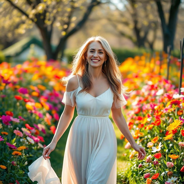 A woman over 30 years old wearing a romantic dress, walking through a blooming garden with a smile on her face