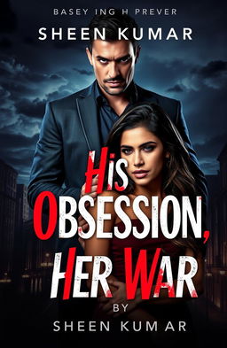 A dark romance book cover design for 'His Obsession, Her War' by Sheen Kumar