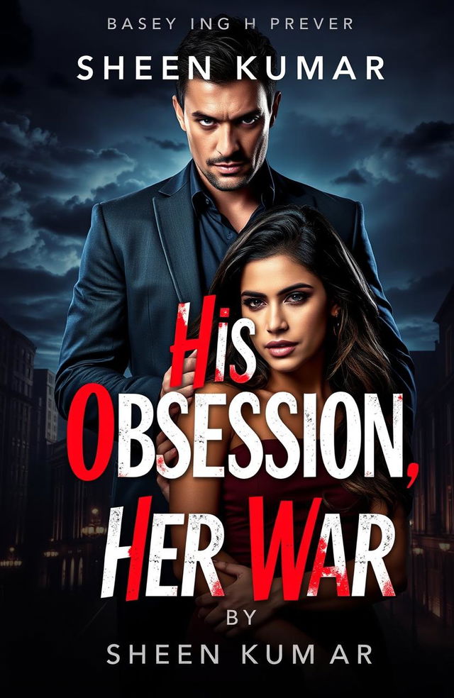 A dark romance book cover design for 'His Obsession, Her War' by Sheen Kumar