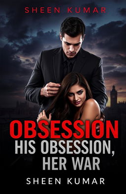 A dark romance book cover design for 'His Obsession, Her War' by Sheen Kumar