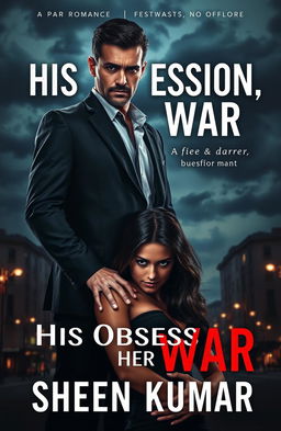 A dark romance book cover design for 'His Obsession, Her War' by Sheen Kumar