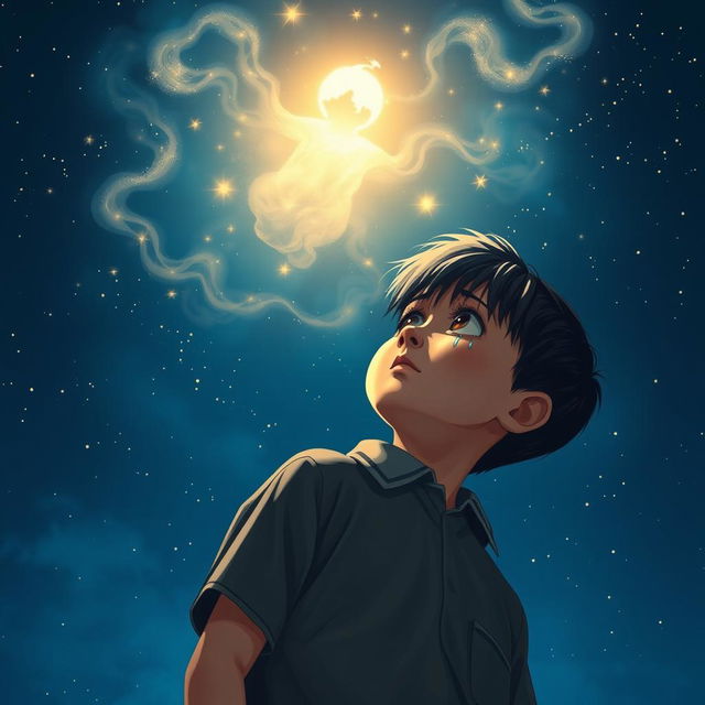 A poignant nighttime scene featuring a young school boy in the foreground, tears rolling down his cheeks as he gazes up at the sky