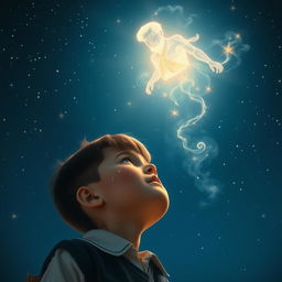 A poignant nighttime scene featuring a young school boy in the foreground, tears rolling down his cheeks as he gazes up at the sky