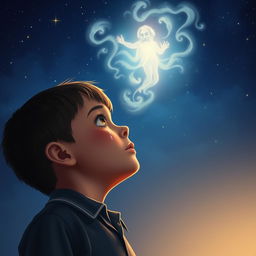 A poignant nighttime scene featuring a young school boy in the foreground, tears rolling down his cheeks as he gazes up at the sky