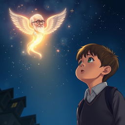 A poignant nighttime scene featuring a young school boy in the foreground, tears rolling down his cheeks as he gazes up at the sky