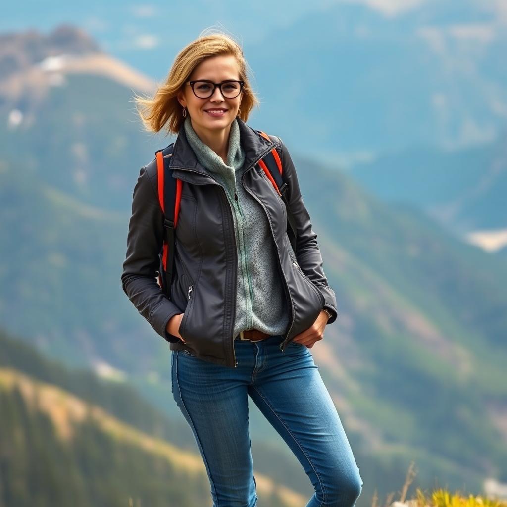 A stylish woman over 30 in a trendy jacket and jeans, standing confidently against a breathtaking mountain landscape, with a backpack slung over her shoulder