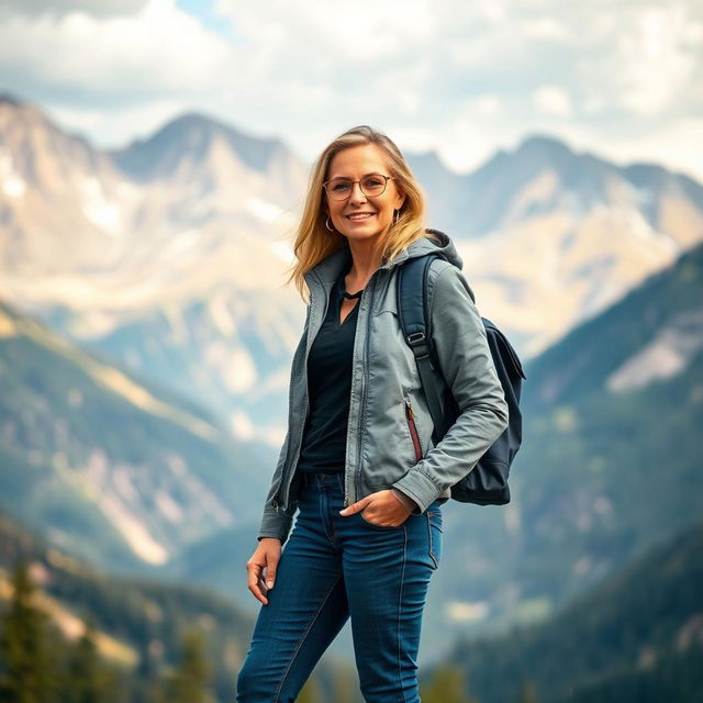 A stylish woman over 30 in a trendy jacket and jeans, standing confidently against a breathtaking mountain landscape, with a backpack slung over her shoulder