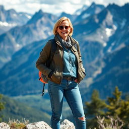 A stylish woman over 30 in a trendy jacket and jeans, standing confidently against a breathtaking mountain landscape, with a backpack slung over her shoulder