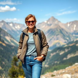 A stylish woman over 30 in a trendy jacket and jeans, standing confidently against a breathtaking mountain landscape, with a backpack slung over her shoulder