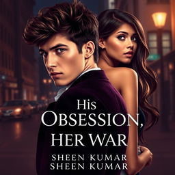 A captivating book cover design for 'His Obsession, Her War' by Sheen Kumar, featuring a powerful French mafia boss and a stunning half-Italian, half-Indian girl