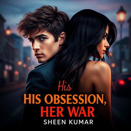 A captivating book cover design for 'His Obsession, Her War' by Sheen Kumar, featuring a powerful French mafia boss and a stunning half-Italian, half-Indian girl
