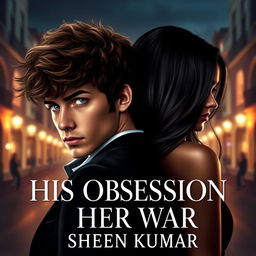 A captivating book cover design for 'His Obsession, Her War' by Sheen Kumar, featuring a powerful French mafia boss and a stunning half-Italian, half-Indian girl