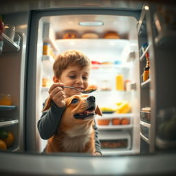 A cinematic anamorphic shot capturing a heartwarming scene from the perspective of an open fridge