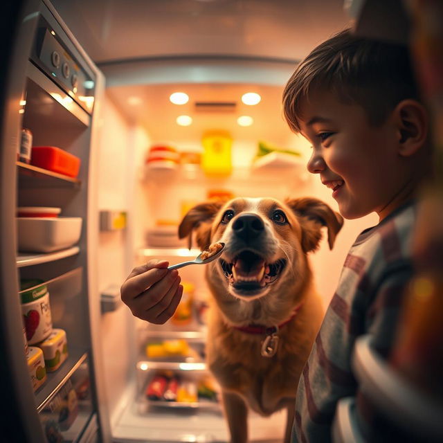 A cinematic anamorphic shot capturing a heartwarming scene from the perspective of an open fridge