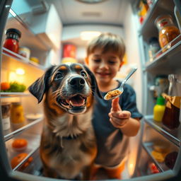 A cinematic anamorphic shot capturing a heartwarming scene from the perspective of an open fridge