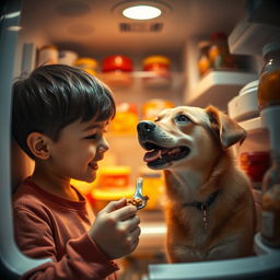 A cinematic anamorphic shot capturing a heartwarming scene from the perspective of an open fridge