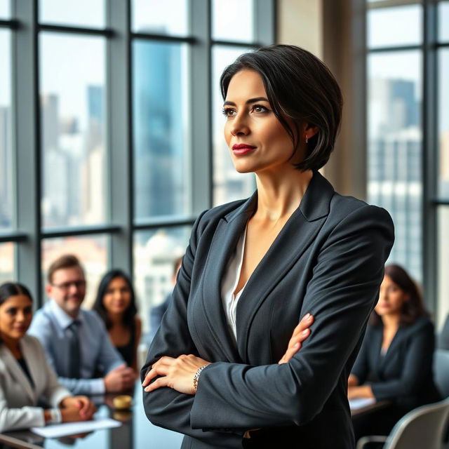 A confident woman over 30 years old in an elegant business suit standing at the forefront of a corporate meeting